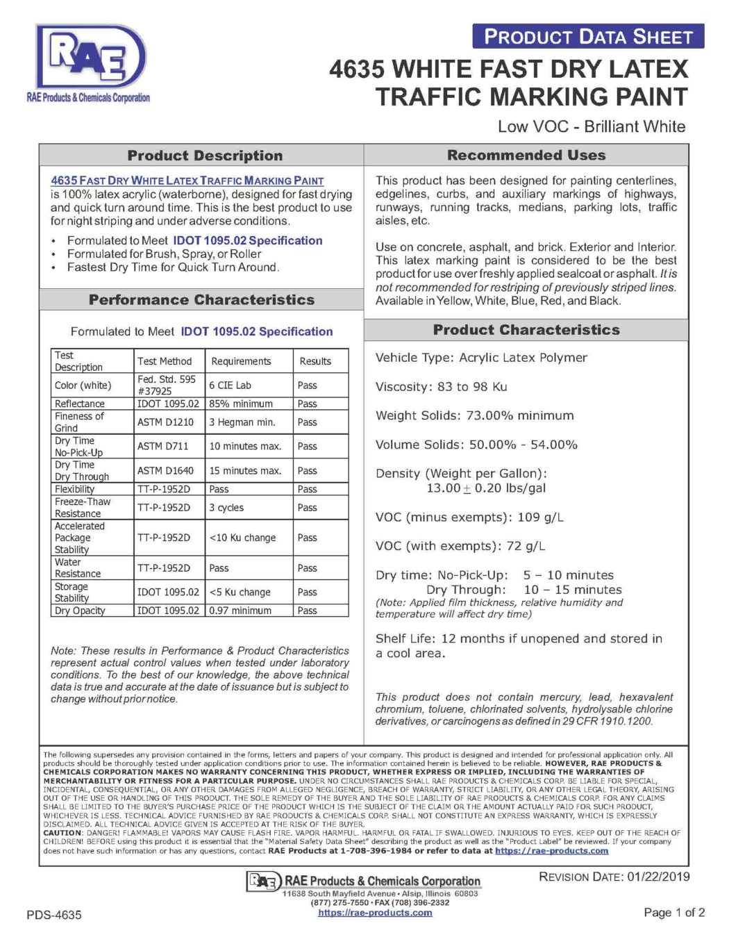 RAE #4635 White F/D Latex Supreme Traffic Marking Paint – TDS