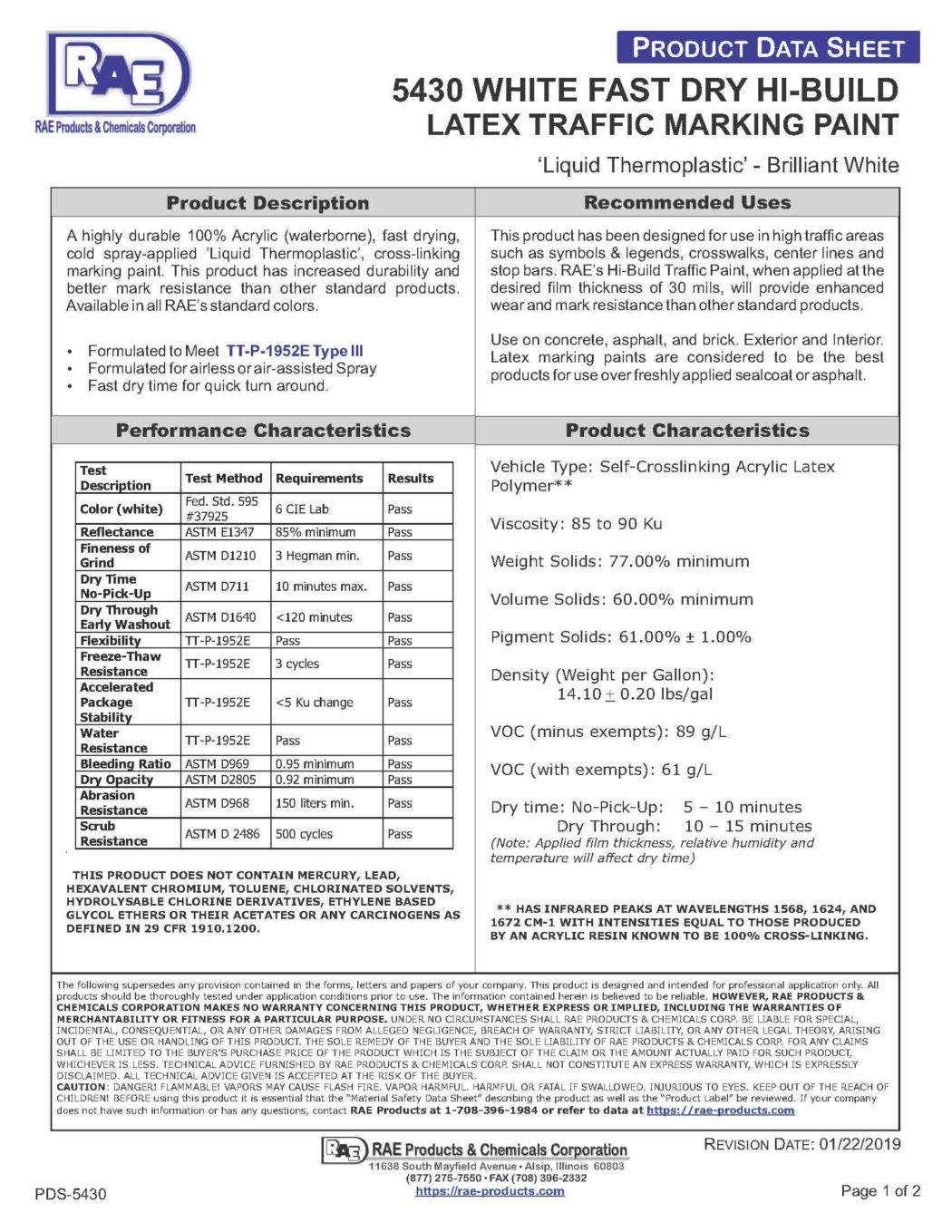 RAE #5430 White - Ultra F/D Latex Traffic Marking Paint – TDS