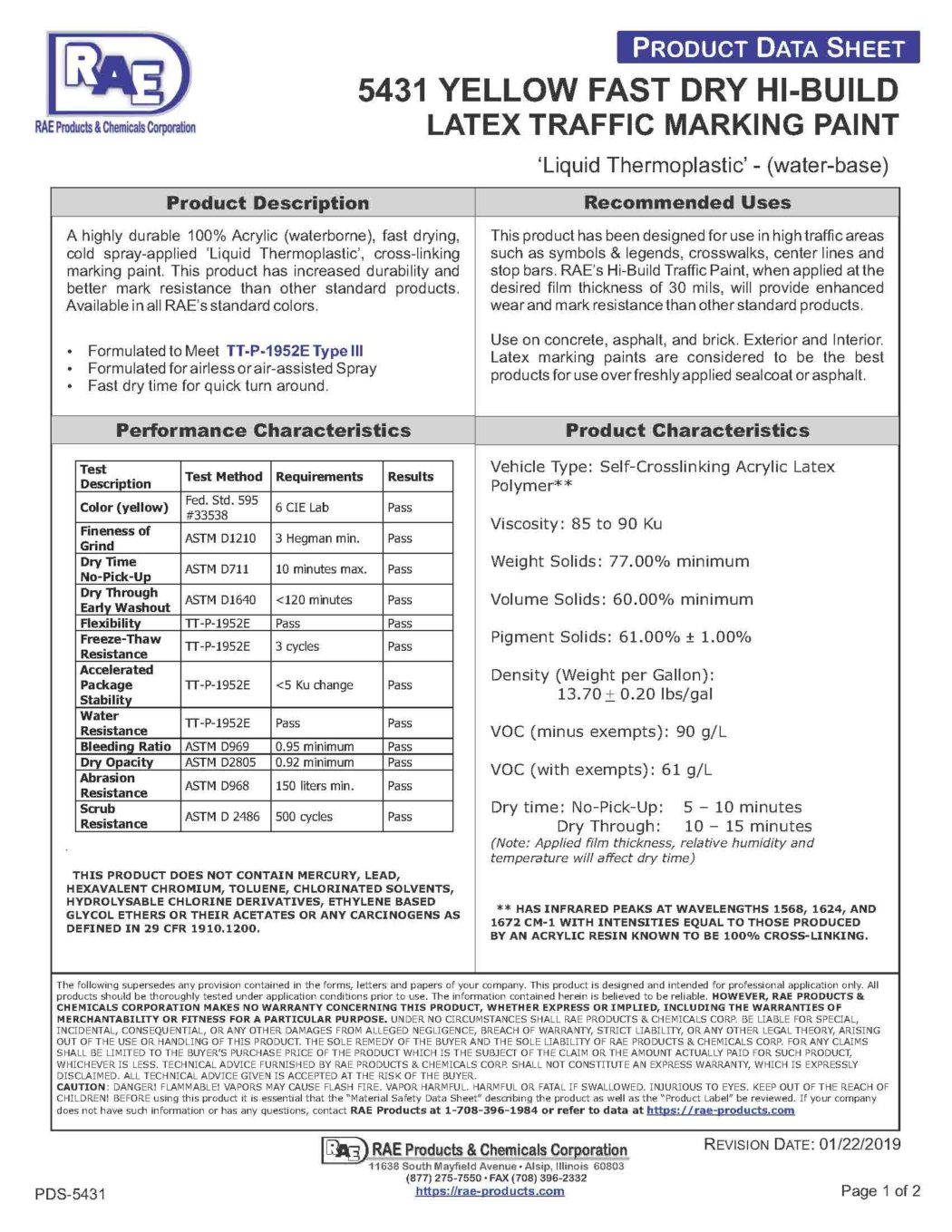 RAE #5431 Yellow - Ultra F/D Latex Traffic Marking Paint – TDS