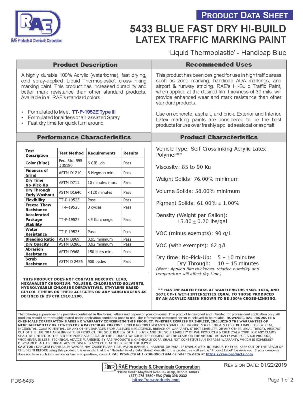 RAE #5433 Bue - Hi-Build Type III Latex Traffic Marking Paint