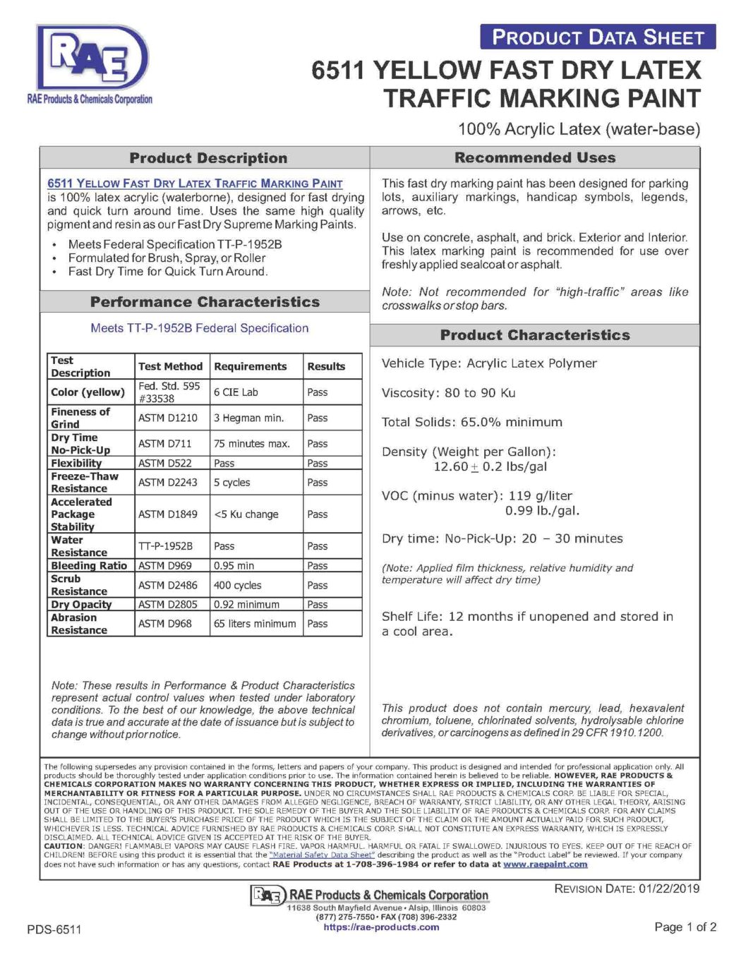 RAE #6511 Yellow F/D Latex Traffic Marking Paint – TDS