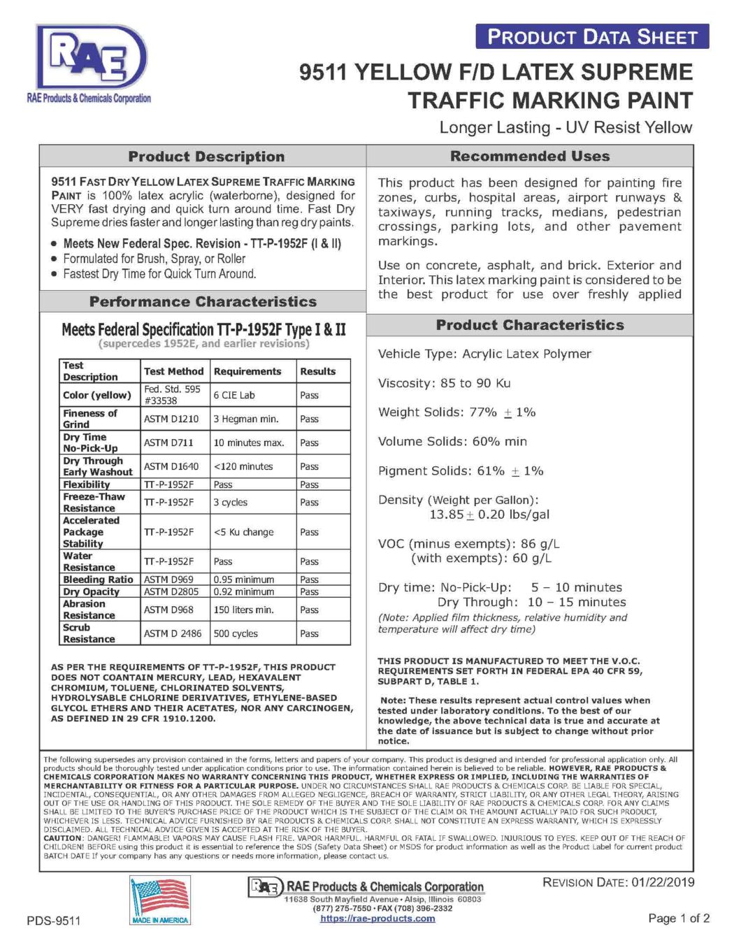 RAE #9511 Yellow F/D Latex Supreme Traffic Marking Paint – TDS