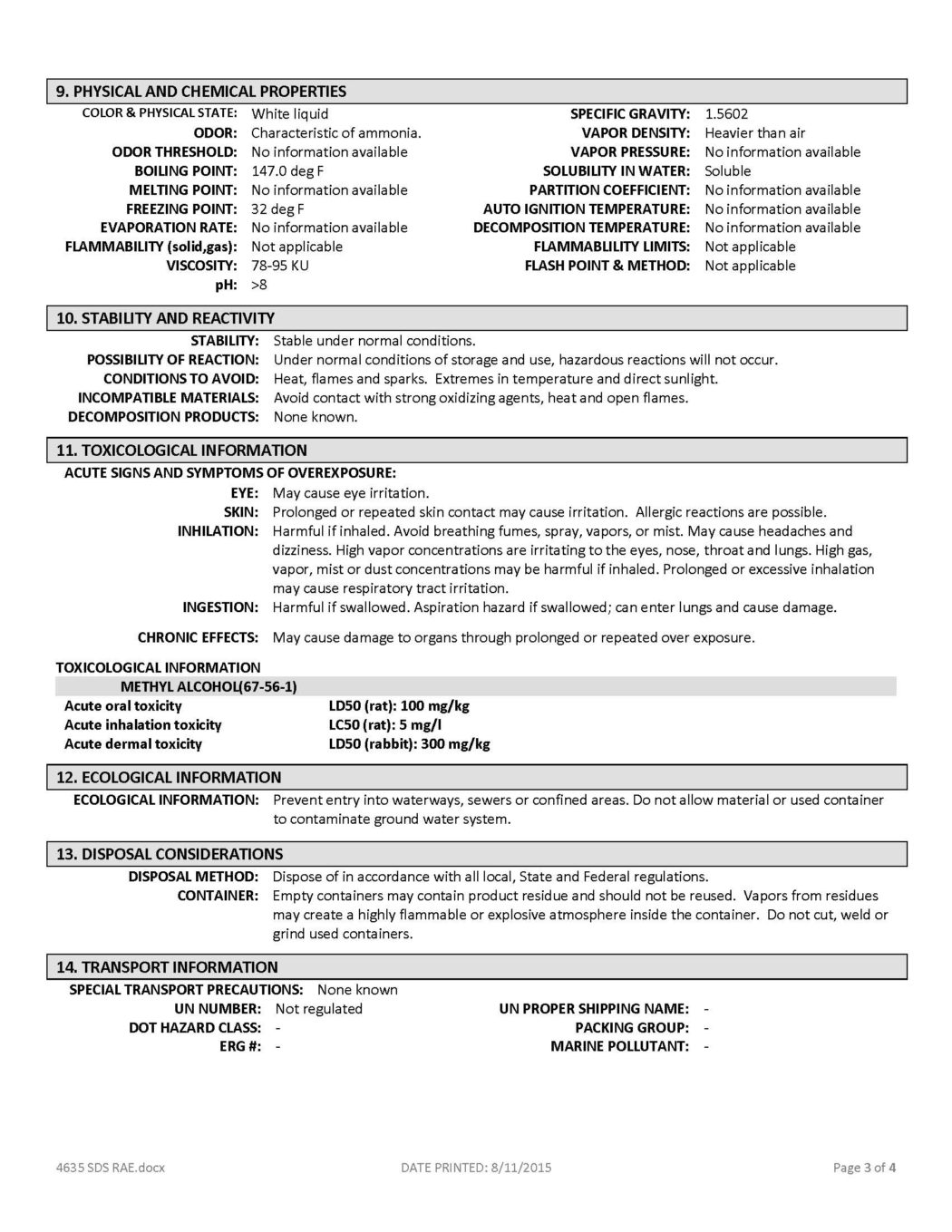 RAE #4635 Ultra Fast-Dry Latex Traffic & Zone Marking Paint - SDS