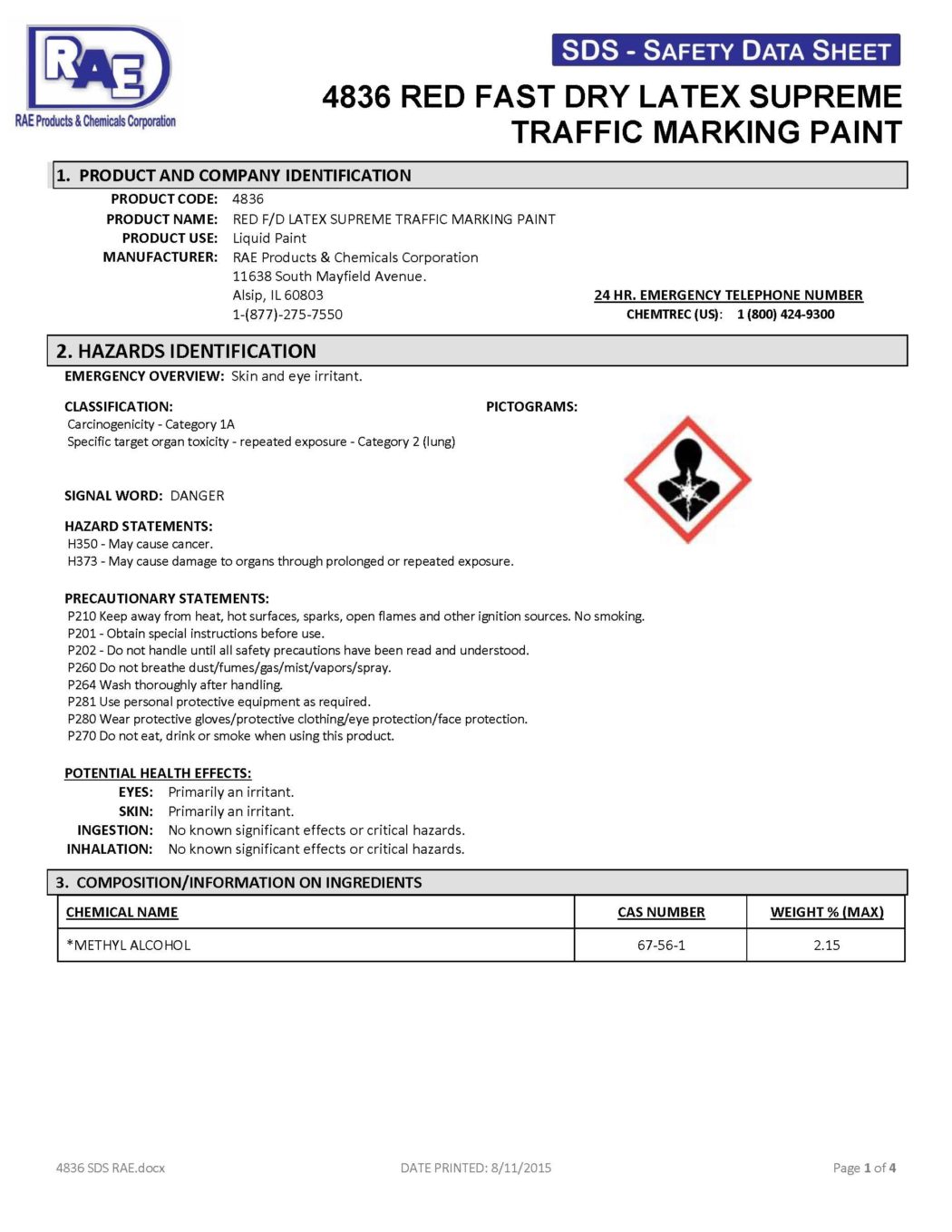 RAE #4836 Red Fast Dry Supreme Latex Traffic & Zone Marking Paint - SDS