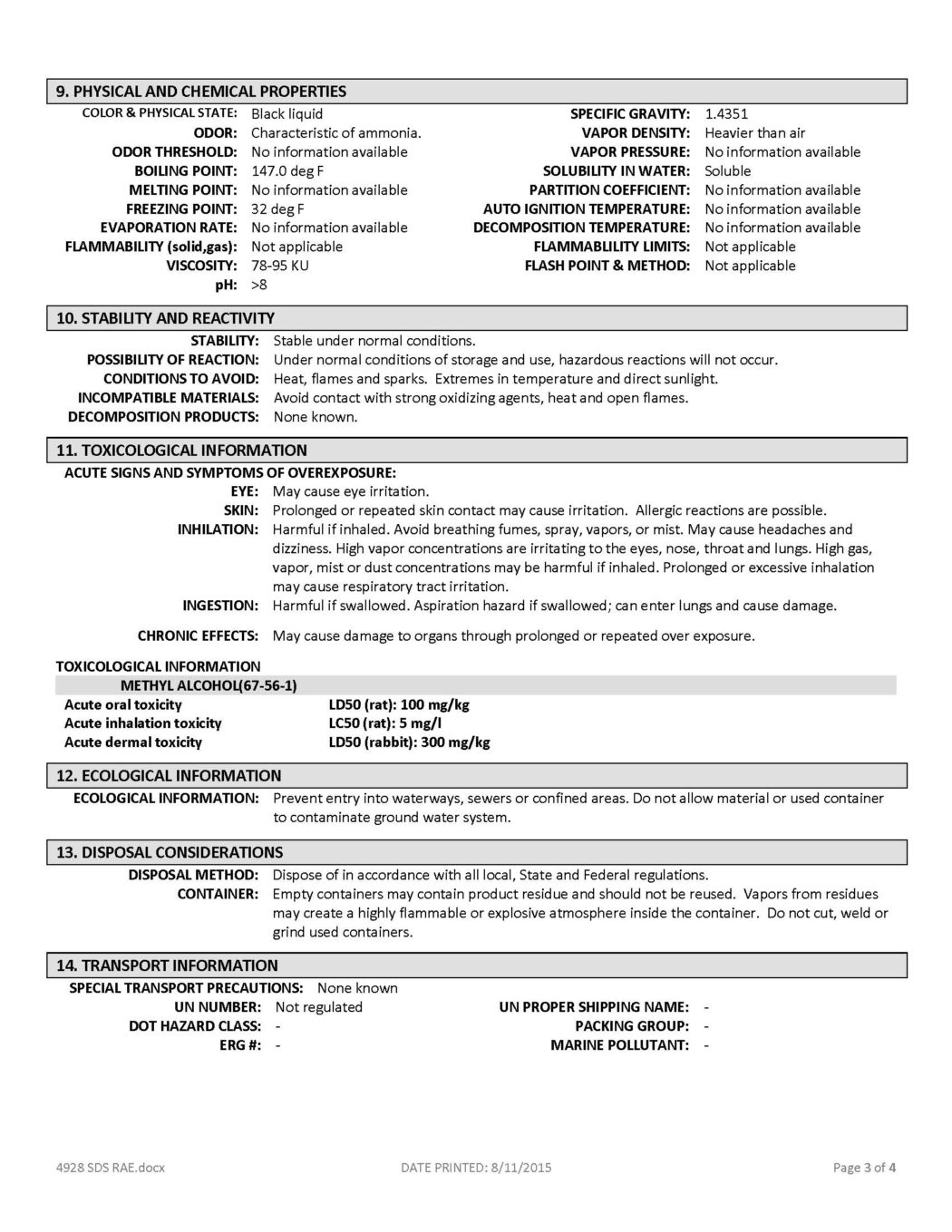 RAE #4928 Black Regular Dry Latex Traffic & Zone Marking Paint - SDS