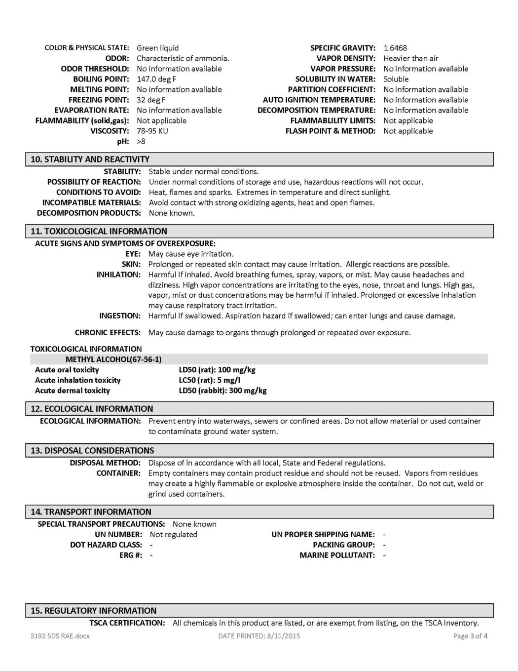 RAE #5192 Green Fast Dry Supreme Latex Traffic & Zone Marking Paint - SDS