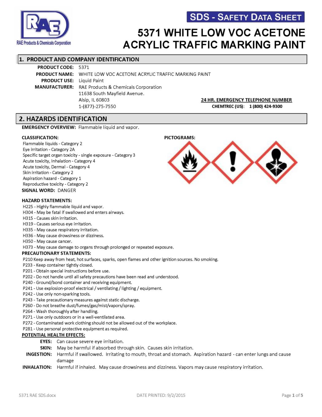 RAE # 5371 White – Acetone Acrylic Low-VOC Traffic Marking Paint – SDS