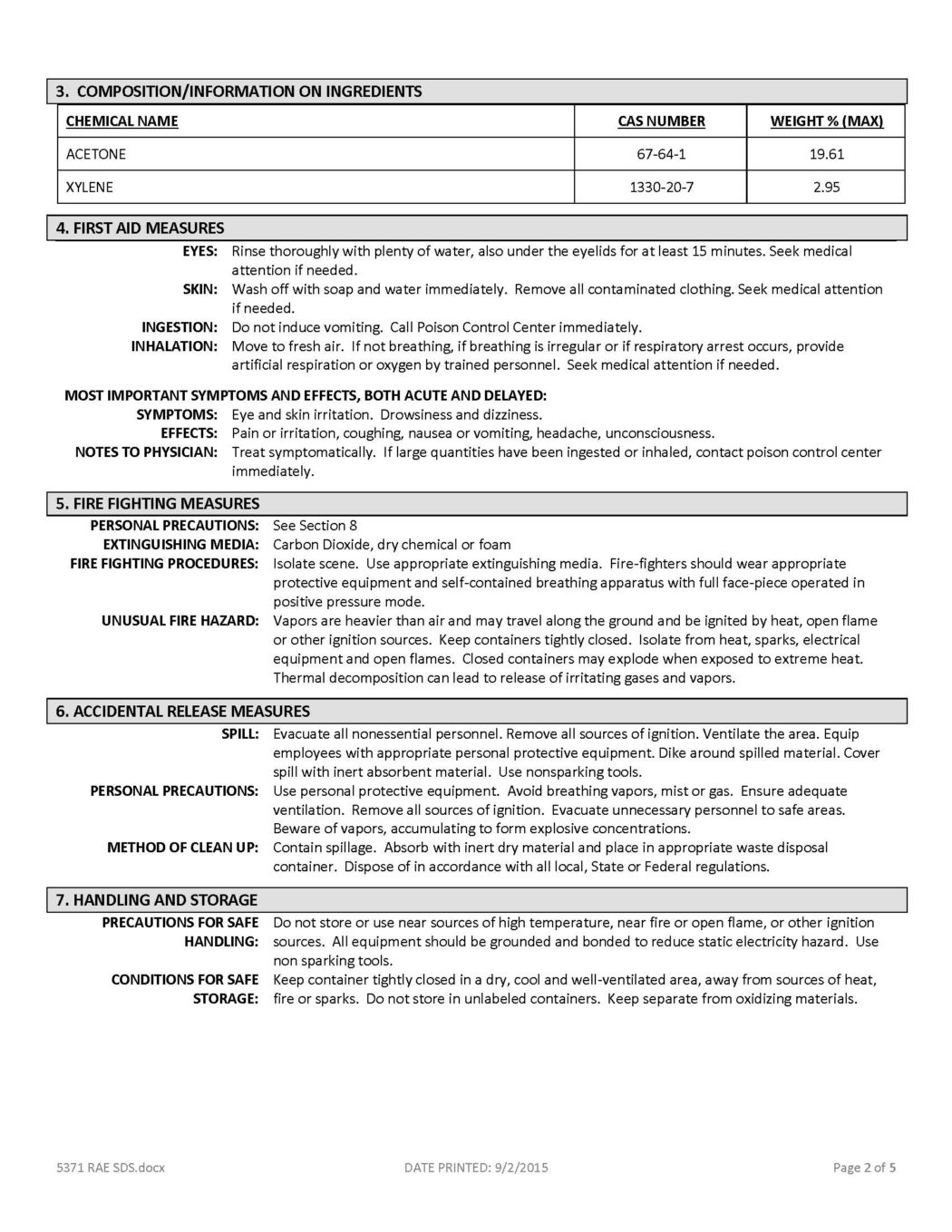RAE # 5371 White – Acetone Acrylic Low-VOC Traffic Marking Paint – SDS