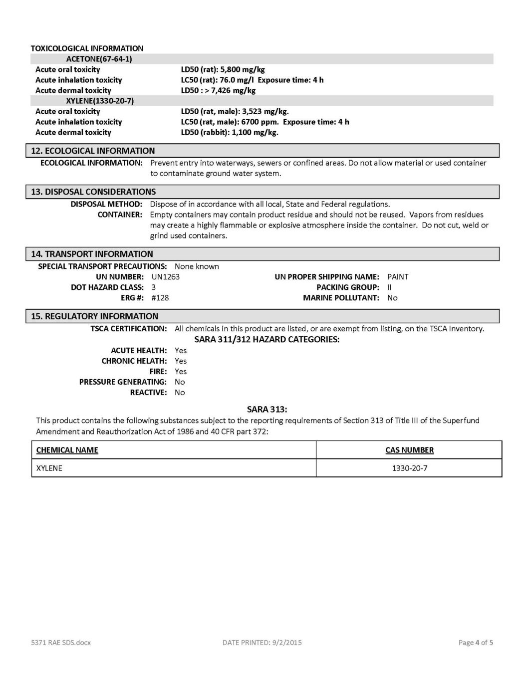 RAE # 5371 White – Acetone Acrylic Low-VOC Traffic Marking Paint – SDS