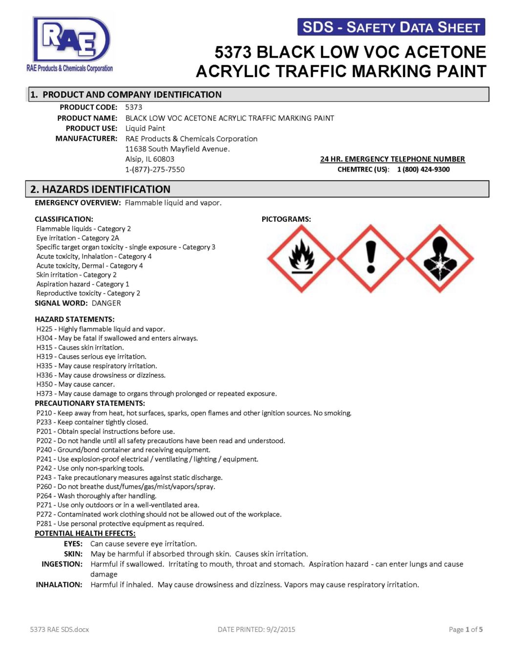 RAE # 5373 Black – Acetone Acrylic Low-VOC Traffic Marking Paint – SDS