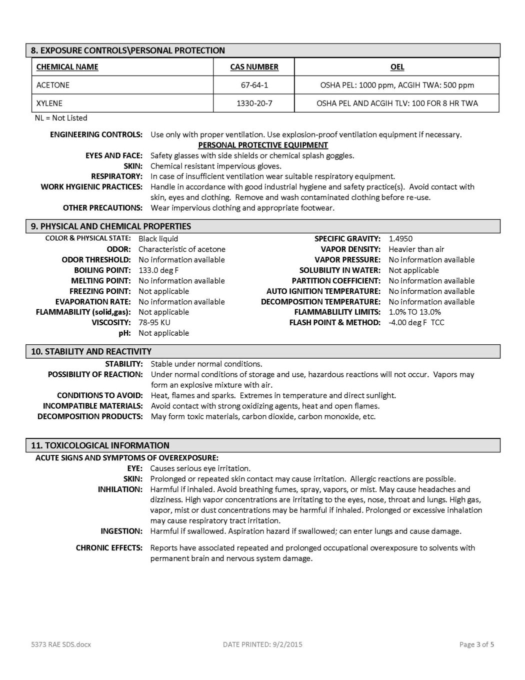 RAE # 5373 Black – Acetone Acrylic Low-VOC Traffic Marking Paint – SDS