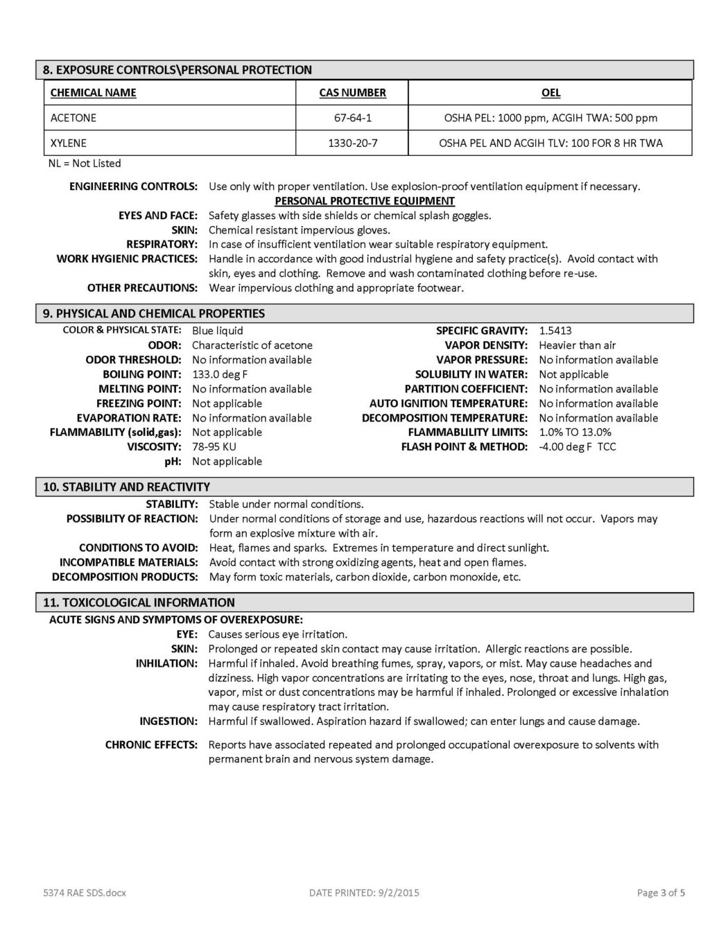 RAE # 5374 Blue – Acetone Acrylic Low-VOC Traffic Marking Paint – SDS