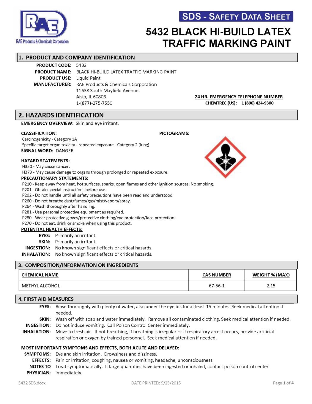 RAE #5432 Black Hi-Build Latex Traffic & Zone Marking Paint - SDS