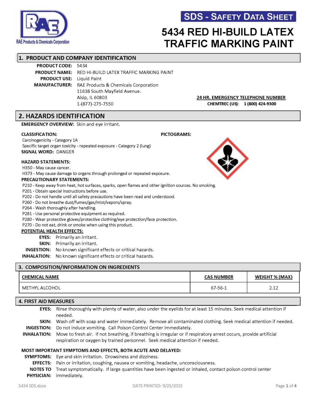 RAE #5434 Red Hi-Build Latex Traffic & Zone Marking Paint - SDS