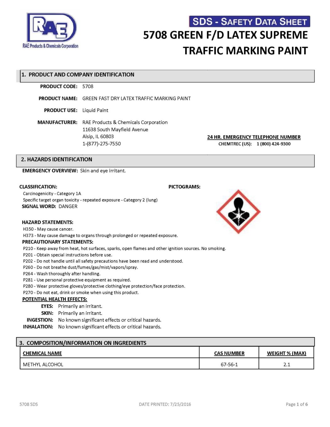 RAE #5708 Green Fast Dry Supreme Latex Traffic & Zone Marking Paint - SDS