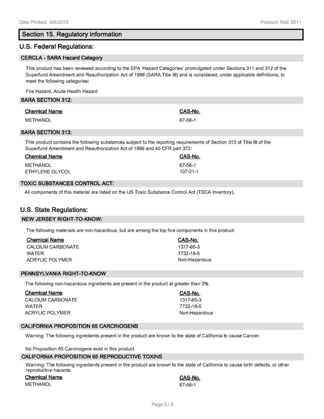 RAE #6511 Yellow Fast Dry Latex Traffic & Zone Marking Paint - SDS