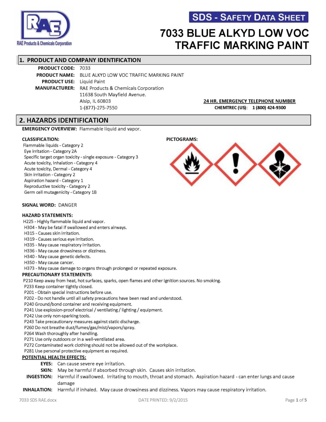 RAE #7033 Blue Alkyd Low VOC Traffic & Zone Marking Paint - SDS
