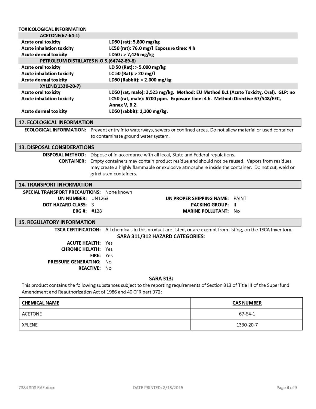 RAE # 7384 Blue Chlorinated Rubber Low-VOC Traffic Marking Paint – SDS