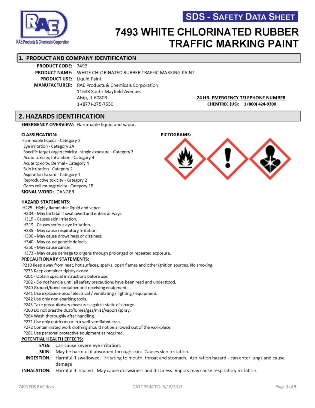 RAE # 7493 White Chlorinated Rubber Low-VOC Traffic Marking Paint - SDS