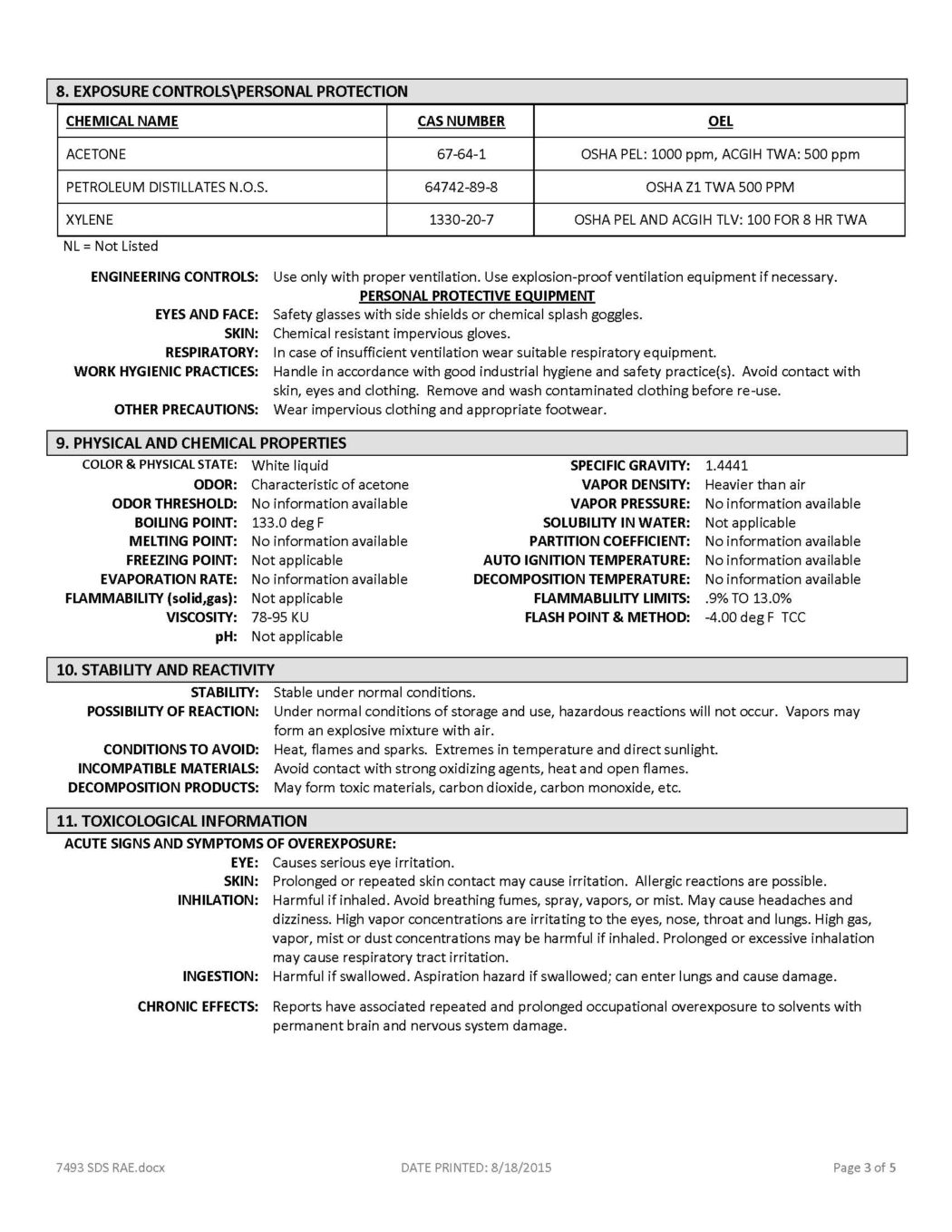 RAE # 7493 White Chlorinated Rubber Low-VOC Traffic Marking Paint - SDS