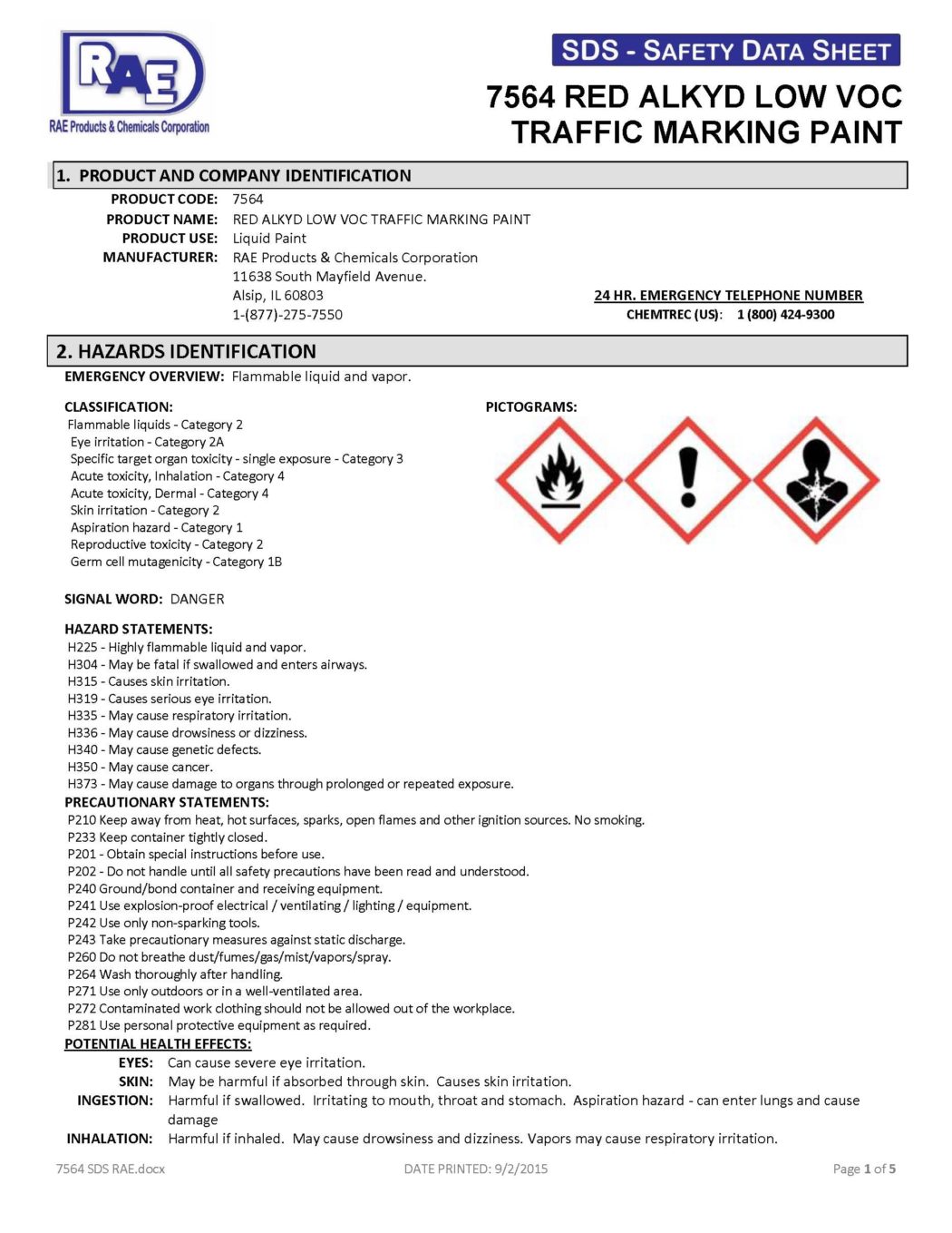 RAE #7564 Red Alkyd Low VOC Traffic & Zone Marking Paint - SDS
