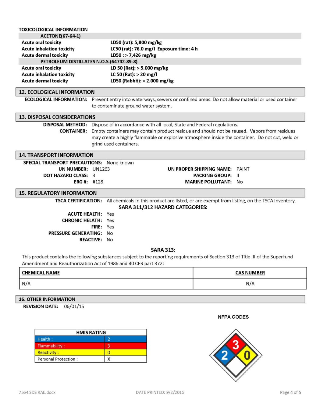 RAE #7564 Red Alkyd Low VOC Traffic & Zone Marking Paint - SDS