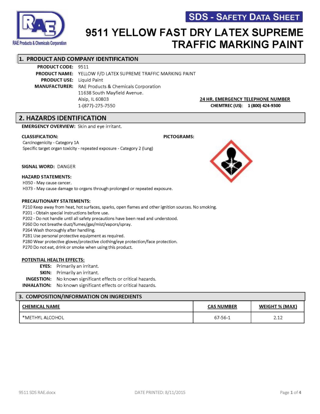 RAE #9511 Yellow Fast Dry Supreme Latex Traffic & Zone Marking Paint - SDS