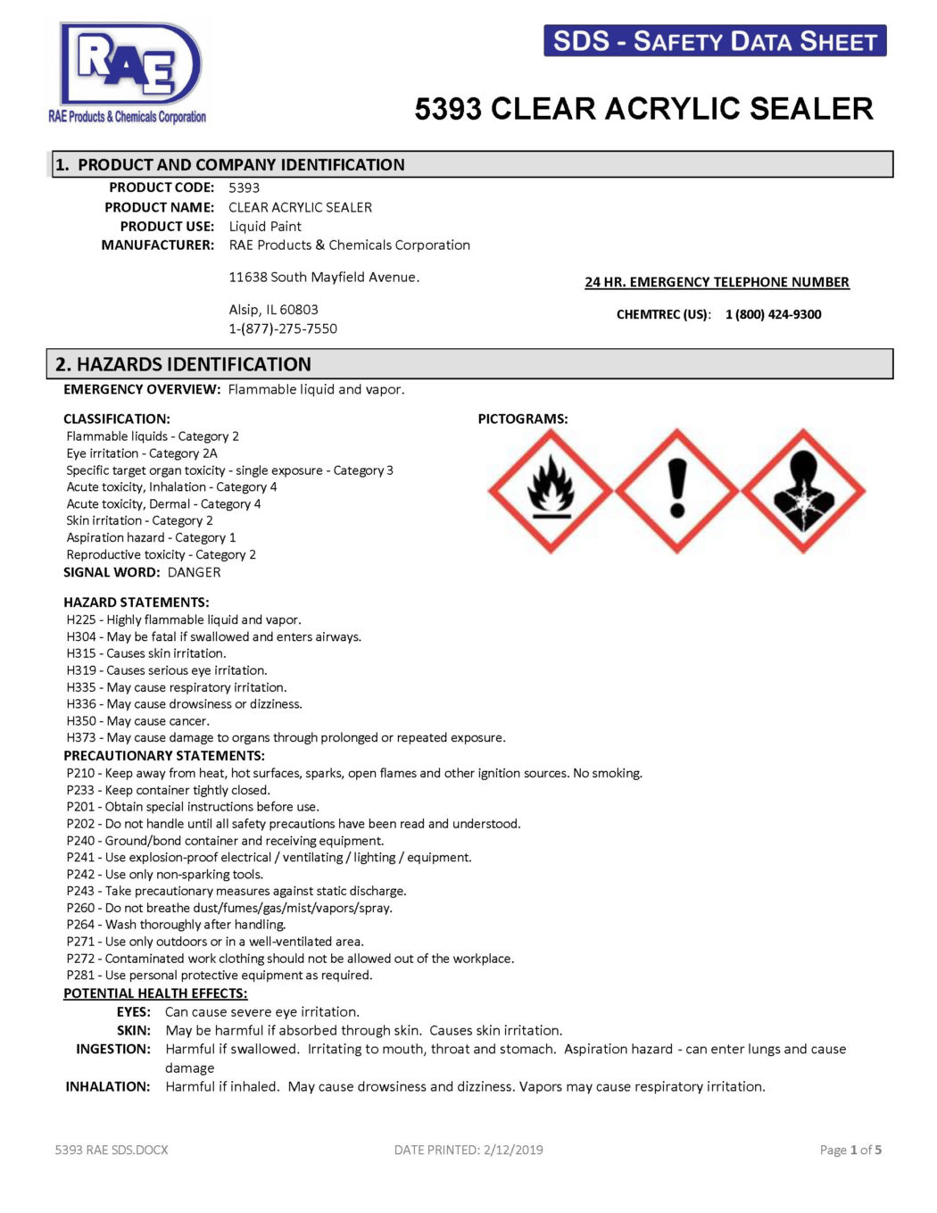 RAE 5393 Clear Traffic Marking Paint Sealer - Product Data Sheet - TDS