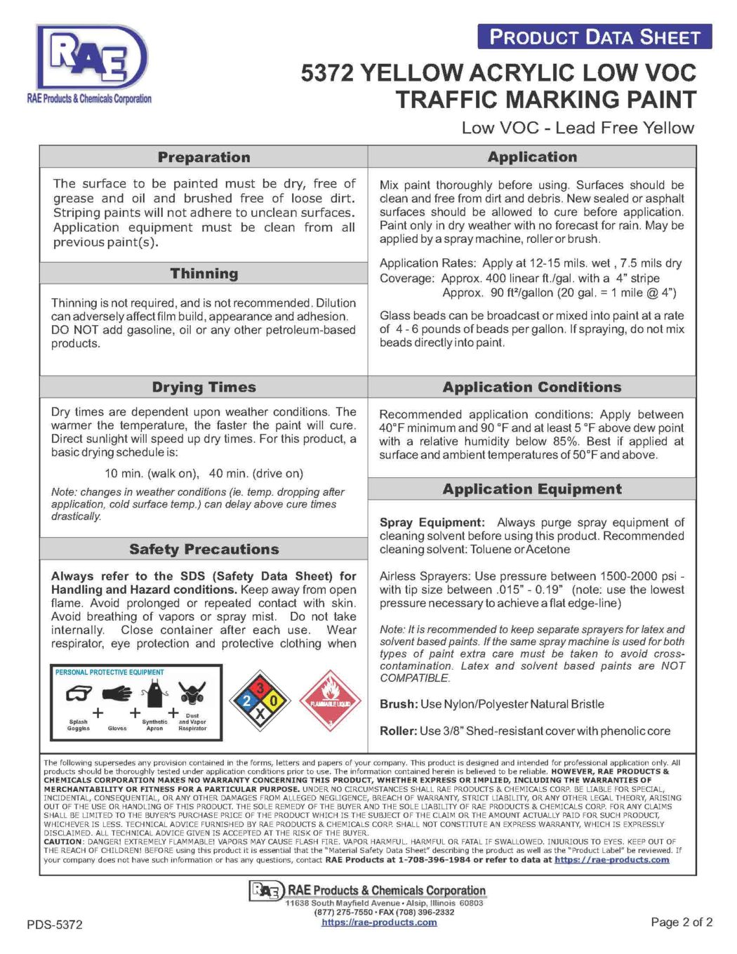 RAE #5372 Yellow – Acetone Acrylic Low VOC Traffic Marking Paint – TDS