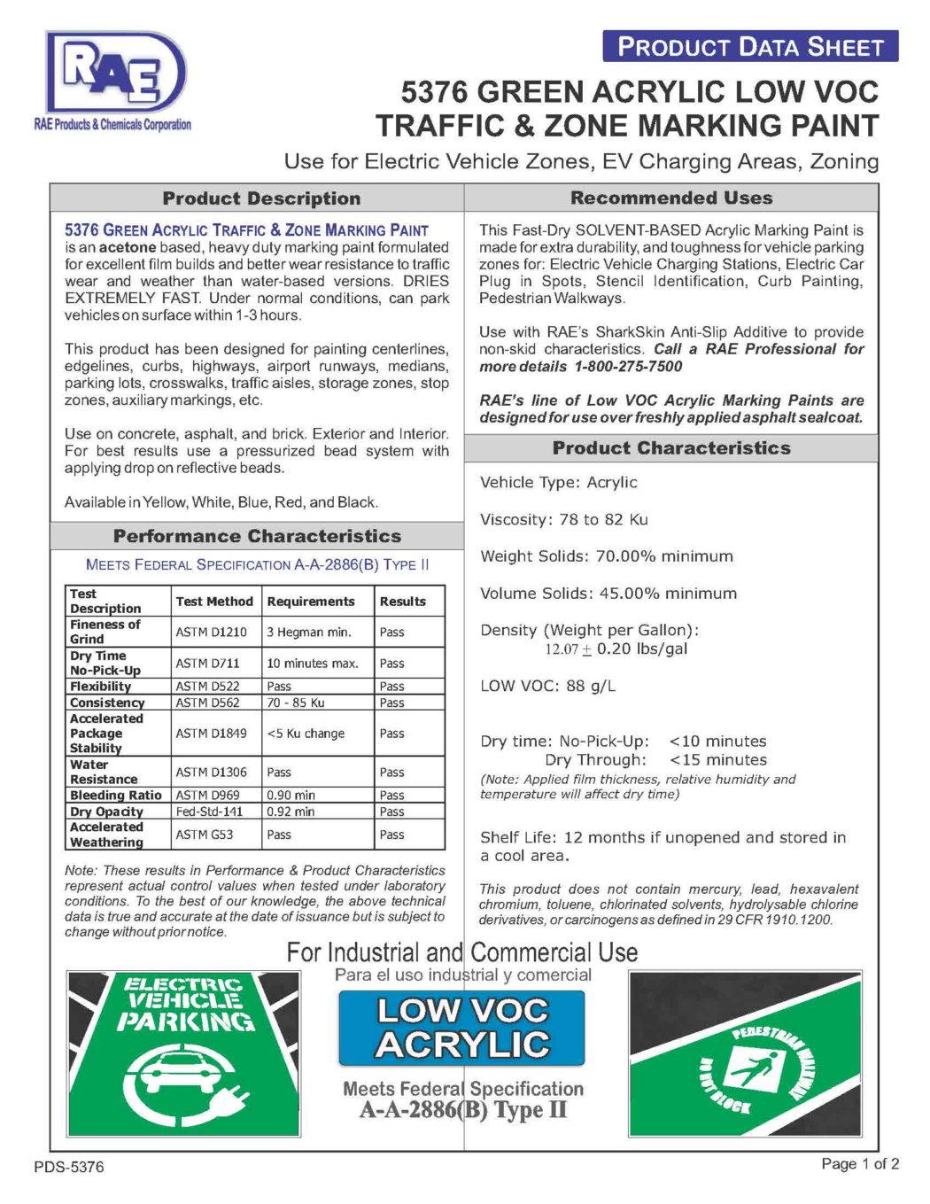 RAE #5376 Green – Acetone Acrylic Low VOC Traffic Marking Paint – TDS