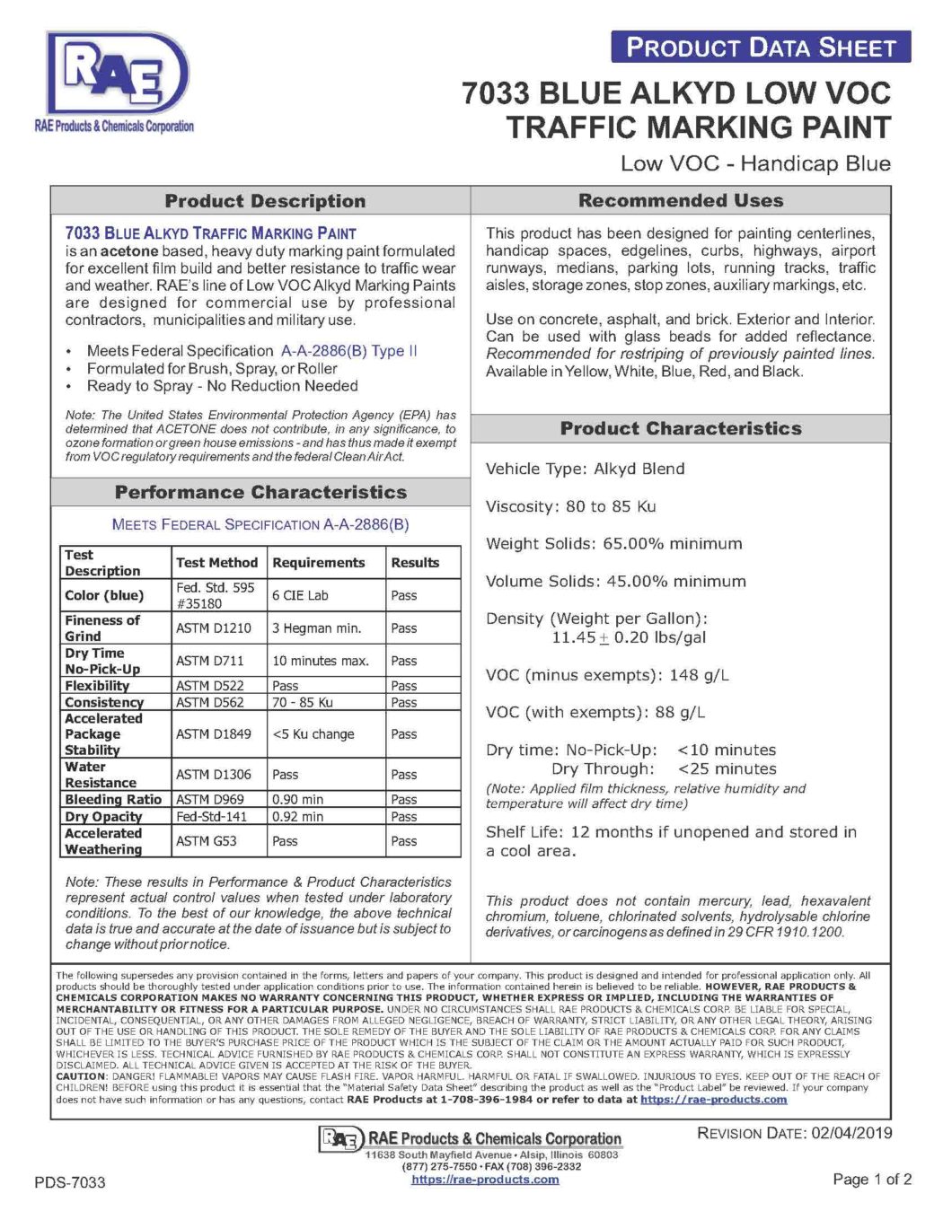 RAE #7033 Blue – Low VOC Alkyd Traffic Marking Paint – TDS