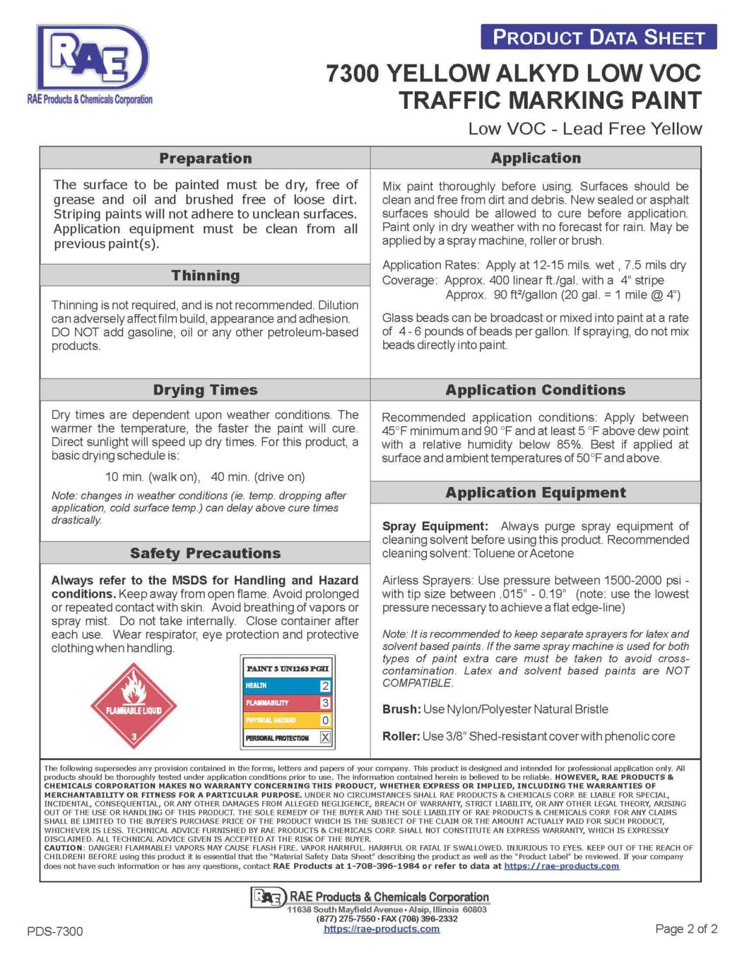 RAE #7300 Yellow – Low VOC Alkyd Traffic Marking Paint – TDS