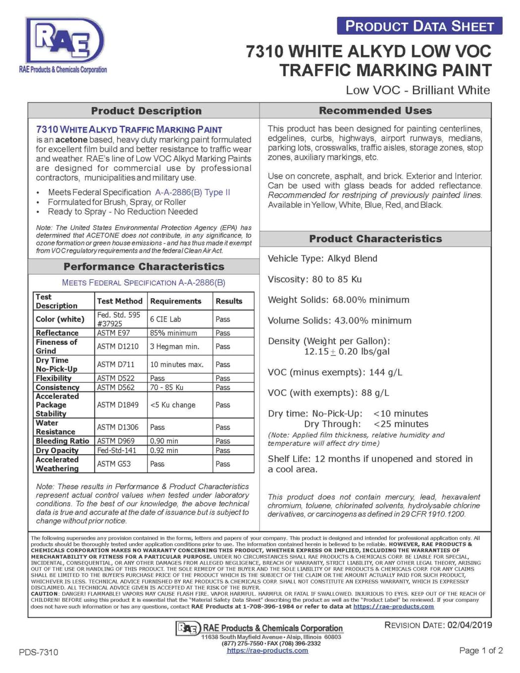 RAE #7310 White – Low VOC Alkyd Traffic Marking Paint – TDS