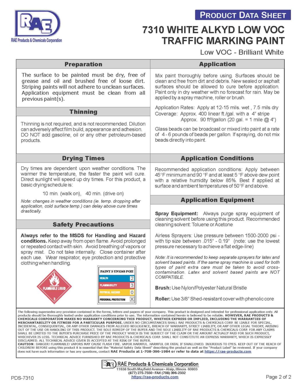 RAE #7310 White – Low VOC Alkyd Traffic Marking Paint – TDS