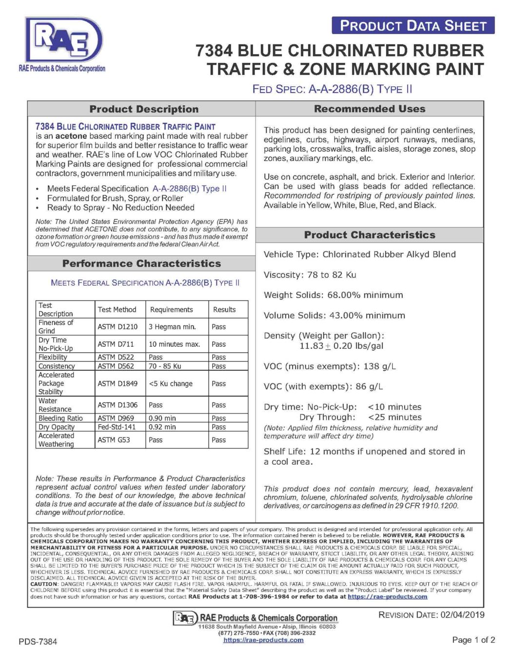 RAE #7384 Blue – Chlorinated Rubber Low VOC Traffic Marking Paint – TDS