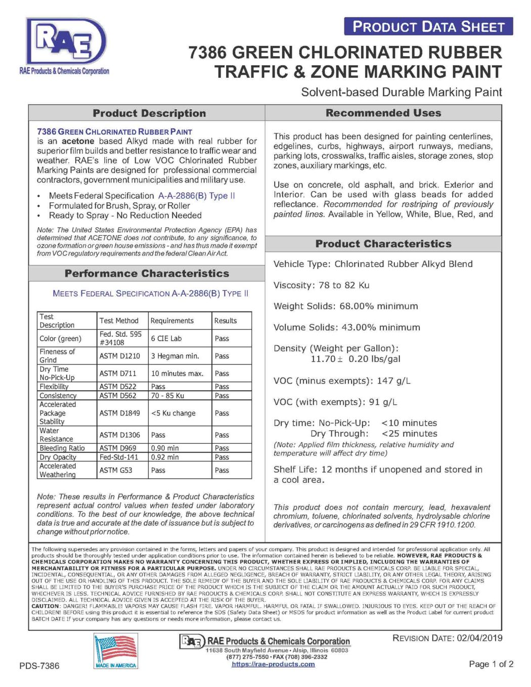 RAE #7386 Green – Chlorinated Rubber Low VOC Traffic Marking Paint – TDS