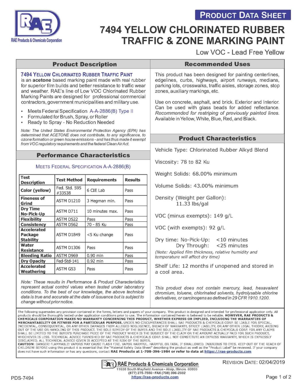 RAE #7494 Yellow – Chlorinated Rubber Low VOC Traffic Marking Paint – TDS