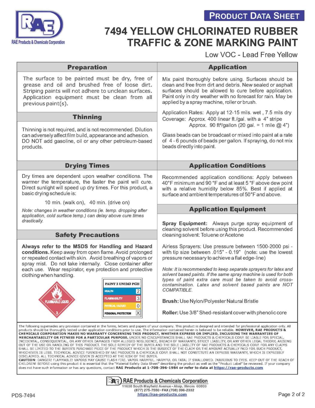 RAE #7494 Yellow – Chlorinated Rubber Low VOC Traffic Marking Paint – TDS