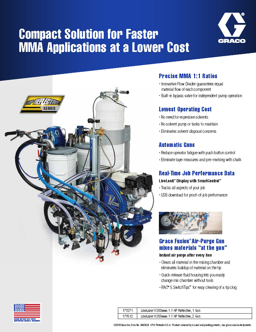 The Graco LineLazer V 200MMA is an airless plural component 1:1 proportioned sprayer with pressurized beader