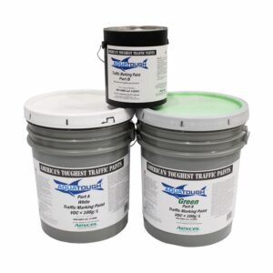 AquaTough 2-component traffic marking paint system featuring White Part A, Green Part A, and Part B hardener, engineered for high-performance epoxy pavement markings on roads, bike lanes, parking lots, and industrial surfaces.
