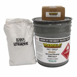 RoadZilla Beige 98:2 Area Marking MMA system featuring a pail of Beige MMA Part A resin, MMA catalyst package, and aggregate filler for decorative pavement surfacing and specialty area marking applications.