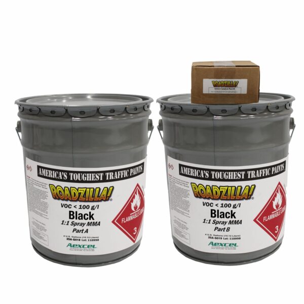 Complete Roadzilla Black 1:1 Spray MMA Traffic Marking System featuring two 4-gallon pails of methyl methacrylate resin components and a boxed MMA catalyst. Designed for pavement restoration, marking obliteration, contrast striping, airport markings, and specialty traffic control applications.