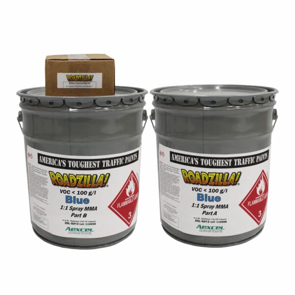 Two 4-gallon pails of Roadzilla Blue 1:1 Spray MMA Traffic Marking System with accompanying MMA Catalyst Part B box. This high-performance methyl methacrylate pavement marking coating is designed for durable blue traffic markings, ADA parking spaces, airports, bike paths, and specialty roadway applications.
