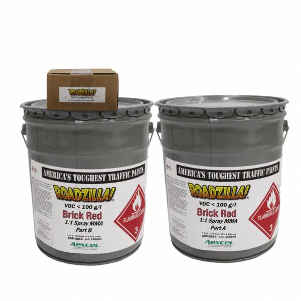 Complete RoadZilla Brick Red 1:1 Spray MMA pavement marking system featuring Part A resin, Part B component, and MMA catalyst package displayed together for high-performance roadway and specialty surface marking applications.