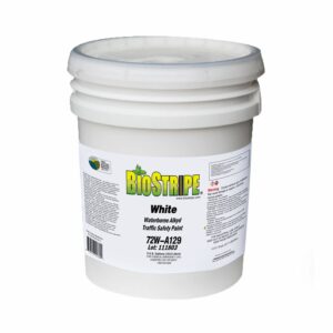 Five-gallon pail of BioStripe White Waterborne Alkyd Traffic Safety Paint, a USDA Certified Biobased pavement marking coating designed for roadway striping, parking lots, crosswalks, airports, and traffic safety applications.