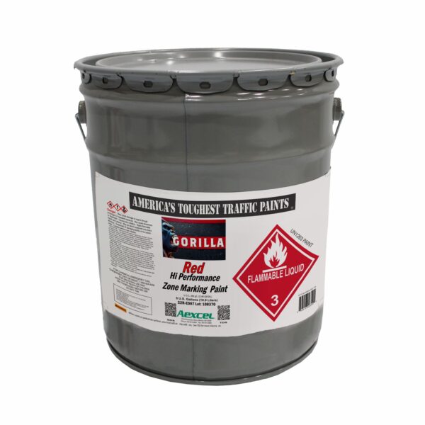 Five-gallon pail of Gorilla Red Hi-Performance Zone Marking Paint, a durable low-VOC coating designed for safety zones, fire lanes, industrial facilities, warehouses, parking lots, and specialty traffic marking applications.