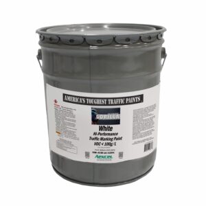 5-gallon pail of Aexcel Gorilla White Hi-Performance Traffic Marking Paint with VOC below 100 g/L, designed for durable roadway striping, parking lot markings, airport pavement markings, and industrial traffic control applications.