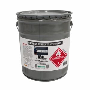 Five-gallon pail of Gorilla White Hi-Performance Zone Marking Paint, a durable low-VOC coating designed for parking lots, warehouses, traffic control zones, crosswalks, safety markings, and pavement striping applications.