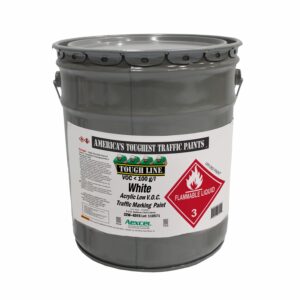 Five-gallon pail of Tough Line White Acrylic Low VOC Traffic Marking Paint from Aexcel, packaged in a gray metal container and designed for durable roadway, parking lot, crosswalk, and pavement striping applications.