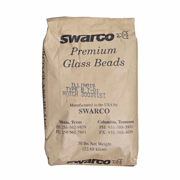 50-pound bag of SWARCO Premium Glass Beads Illinois Type B displayed for traffic marking, pavement striping, and roadway retroreflectivity applications.
